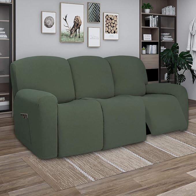 PureFit Super Stretch 3 Seats Recliner Sofa Couch Cover with Pocket | Non Slip Soft Sofa Slipcover, Washable Spandex Reclining Furniture Protector for Kids, Pets (Recliner Sofa, Grayish Green) - Image 2