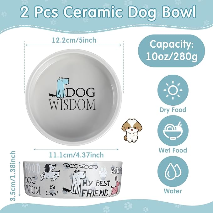 Maxcheck 2 Pcs 5 Inch Ceramic Dog Bowls Dishes for Small Dogs Cute Cartoon Pattern Puppy Cat Bowls Heavy Food Water Dishes for Pets Feeding Travel, Dishwasher Safe Microwave Safe (Gray) - Image 2