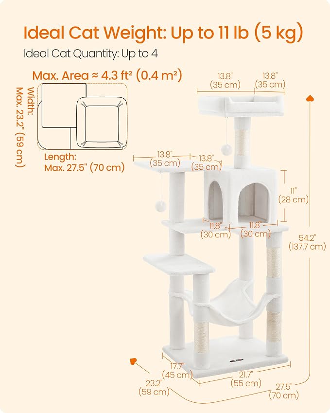 Feandrea Cat Tree, 54.2-Inch Cat Tower, Plush Multi-Level Condo with 4 Scratching Posts, 2 Perches, Hammock, Cave, Cream White UPCT161T01 - Image 3