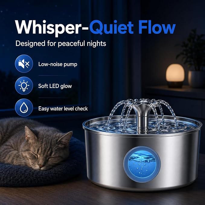 Cat Water Fountain, 3.2L 108Oz Stainless Steel Pet Fountain, 4 Filters | Stainless steel cat fountain, dishwasher safe with triple filtration, quiet pump and visible water window for cats and dogs. - Image 5