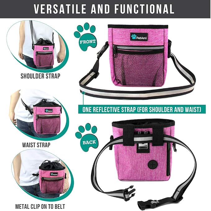 PetAmi Dog Treat Pouch, Pet Treat Pouch for Training, Dog Walking Bag Holder for Kibbles, Pet Food Toy, Dog Trainer Essentials Supplies, Poop Bag Dispenser, 3 Ways to Wear (Pink) - Image 4