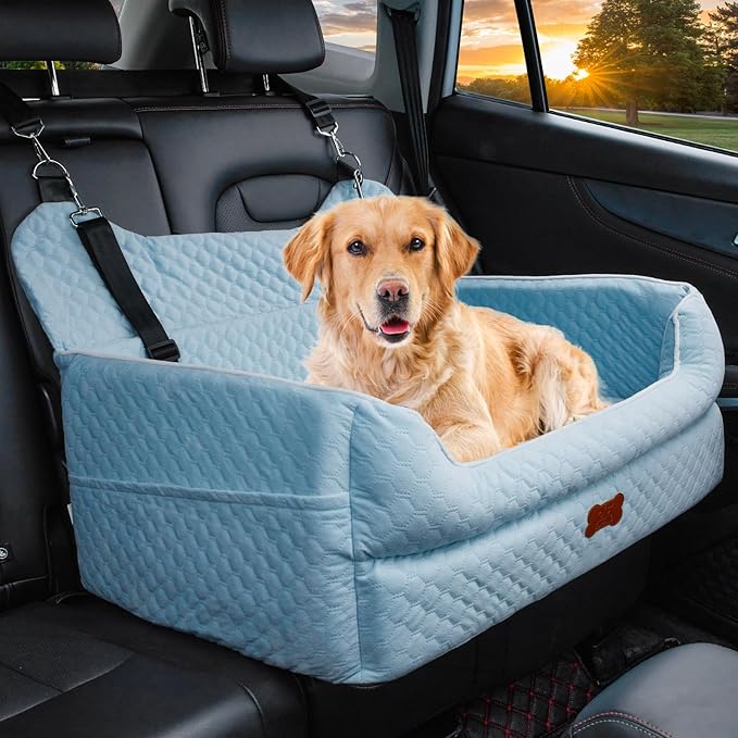 Dog Car Seat for Medium & Large Dogs Up to 55 lbs or 2 Small Dogs, Blue | Memory Foam Elevated Booster Seat with Safety Belts, 4-Inch Thick Cushion, Storage Pockets and Removable Washable Cover by EUHAMS