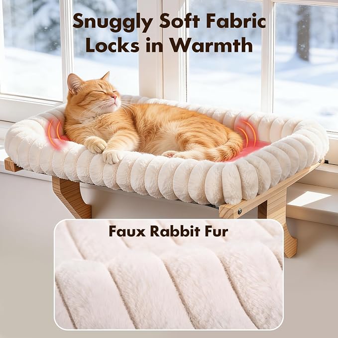 Zoratoo Cloud-Soft Wooden Cat Window Sill Perch with Zipper Cushion,M White | 21.7’’x18’’, Removable for Machine Wash, Fluffy Plush Bolster, Sturdy Metal Frame for Large Cats up to 40lbs, Easy to Adjust - Image 6