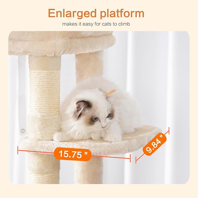 Heybly Cat Tree for Large Cats, 20lbs Heavy Duty, 60 inches HCT050M | Cat Tower for Indoor Cats with Big Padded Plush Perch, Multi-Level Furniture Condo with Cozy Basket, Beige - Image 6