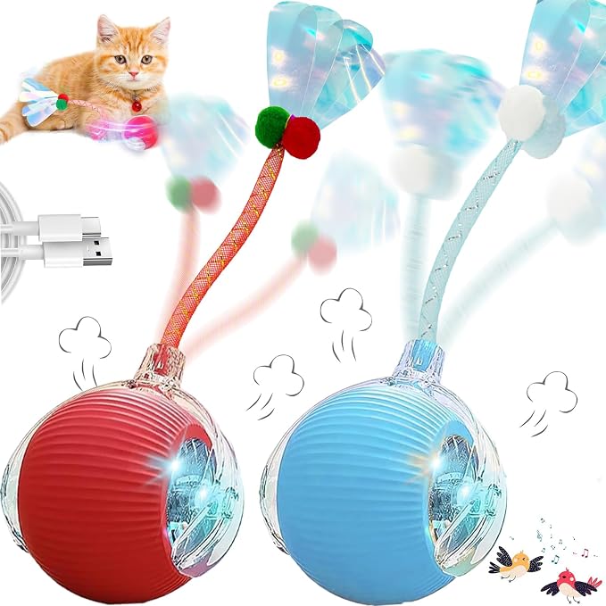 Speedy 2.0 Tail 2 Packs Interactive Cat Toys for Indoor Cats, Automatic Cat Toy with Elastic Mesh Tail, Electric Rolling Ball on Carpet, Chirping and Motion Activate Cat by Unknown