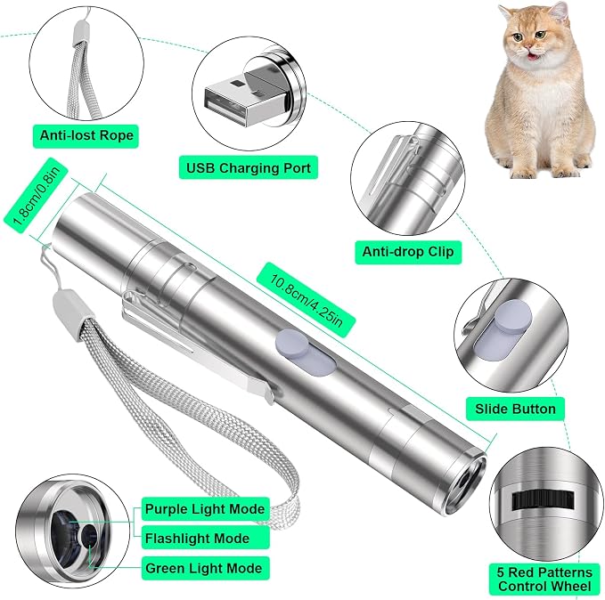 Waputne Cat Toy, Green Light, Rechargeable, 3 Light Modes, 5 Fun Patterns | Interactive Chase Toy; Automatic Training & Exercise Fun; Kitten Toy for Indoor Cats & Dogs - Image 7