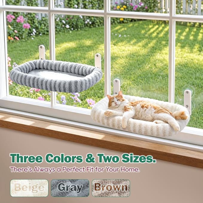 Zakkart Mellow Foldable Cat Window Perch, Upgraded Suction Cups (Beige, M) | Curtain-Friendly, Dual-Fabric Striped Machine Washable Bed, Heavy Duty ABS & Metal Frame, Hold up to 40 lbs., 22.8"W x 15.5"D - Image 7