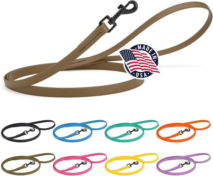 Dogline Biothane Waterproof Dog Leash Strong Coated Nylon Webbing with Black Hardware Odor-Proof Easy to Clean High Performance for Small or Large Dogs Made in USA 4 or 6 ft Lead, Coyote Brown by Dogline