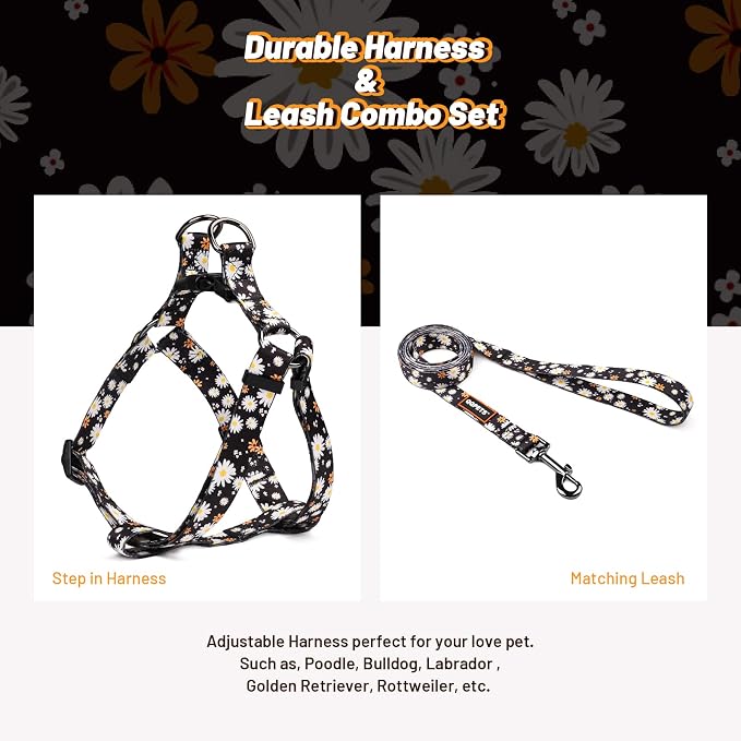 Dog Harness Leash Set Adjustable Heavy Duty No Pull Halter Harnesses for Small Medium Large Breed Dogs Back Clip Anti-Twist Perfect for Walking (M(19"-26" Chest Girth), White Daisy) - Image 5