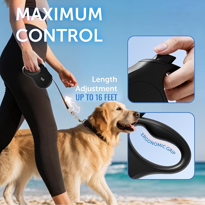 TUG Quest Retractable Dog Leash | 360° Tangle-Free Retraction | 16 ft Strong Nylon Tape (Medium, Black) - Image 3