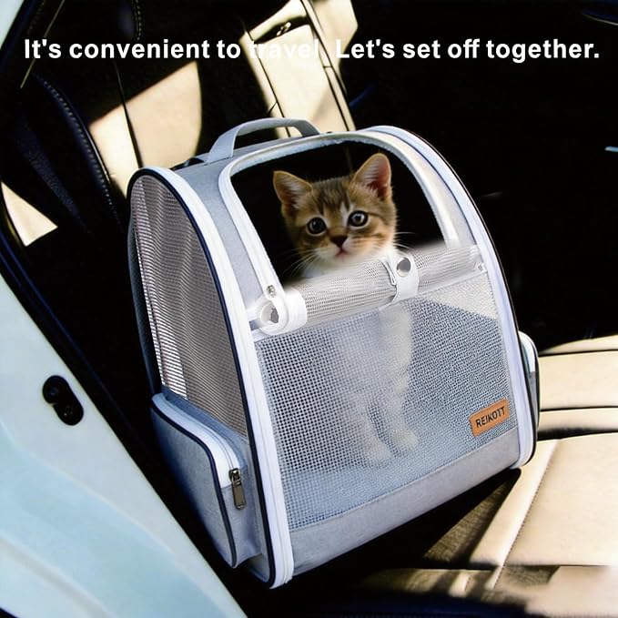 Cat Dog Backpack 12.6"×11.4"×16.5" Large Breathable Pet Bag Carrier | Full Mesh Ventilation, Roll-Up Front Door, Padded Straps, Side Storage Pockets for Walking, Driving, Vet & Outdoor Trips - Image 6