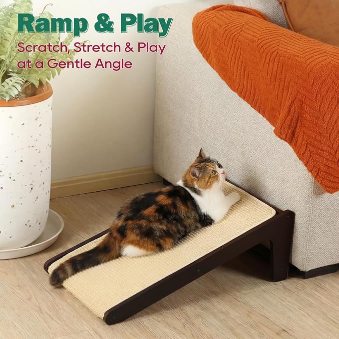 Zakkart L-Shaped Sisal Cat Scratcher, 24.8'' Tall Convertible 70° Vertical Scratching Pad & 20° Ramp Scratcher, Natural Sisal Mat, Solid Wood Frame, Helps Protect Furniture, Easy Assembly (Dark) - Image 3