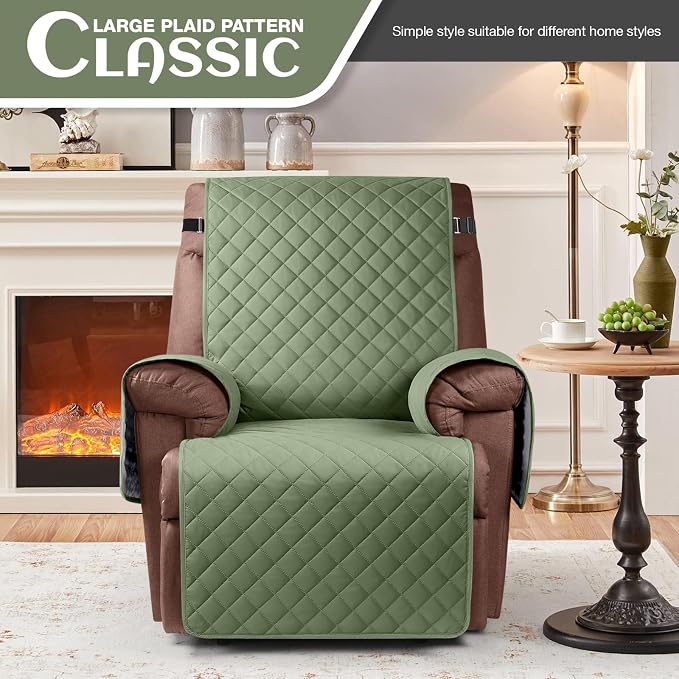 KinCam 100% Waterproof Recliner Chair Covers Washable, 23.6", Cactus Green | Anti Slip Reclining Couch Covers for Pets Dog, Recliner Sofa Slipcover Storage Pocket, Furniture Protector with Elastic Strap - Image 2