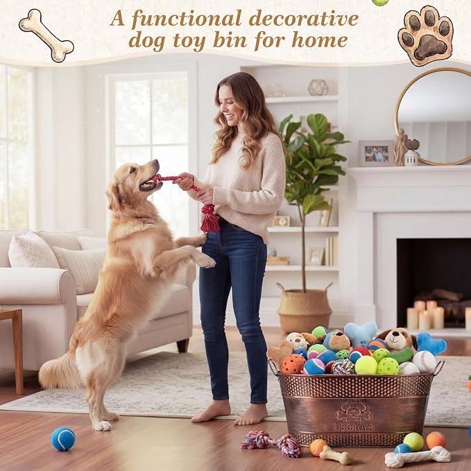 Zonon Metal Dog Toy Storage Bin with Handles 21 Quart Vintage Decorative Basket for Dog Ropes Food Living Room Decor, Galvanized Steel Pet Toy Organizer, 18x11.5x7.5 Inch(Chewing Stick) - Image 2