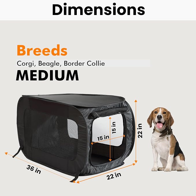 Portable Collapsible Pop Up Kennel, 36" L x 22" W x 22" H, Black | Collapsible indoor/outdoor travel cat and dog crate with mesh screen windows pops up and folds flat for easy storage - Image 2