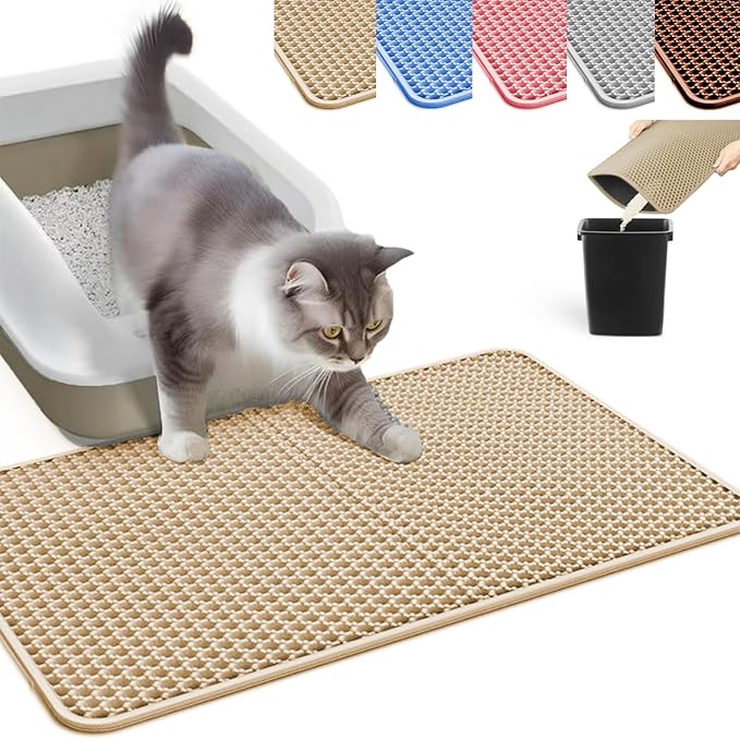 HCY&WLD Cat Litter Mat, Honeycomb Double Layer Litter Trapping Mat | Safe Materials, Soft on Paws, Waterproof Urine Proof Non-Slip, Protects Floors, Less Waste, Easy to Clean, Beige, 35" x 24" by HCY%26WLD