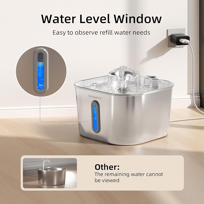 Cat Water Fountain Stainless Steel：74oz/2.2L SARPAWS Water Fountains for Cats Indoor, Cat Fountains for Drinking, Ultra-Quiet, Water Level Window, Pet Water Fountain - 6 Filters + 3 Sponges - Image 7