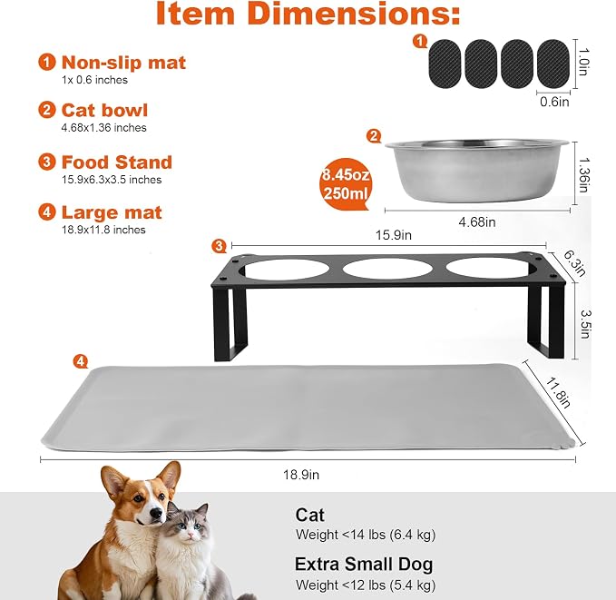 Elevated Cat Bowls with Food Mat, 10°Tilted Non-Slip Raised Cat Food Water Bowls Set, 3 Thick Stainless Steel Pets Dishes with Cute Metal Feeding Stand for Indoor Kitten Puppy, Anti-Vomiting - Image 7