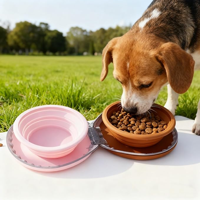 Zegcohjave Collapsible Dog Bowls, 2-in-1 Silicone Portable Dog Food and Water Bowl, Travel Pet Bowls for Dogs & Cats, Ideal for Camping, Hiking and Outdoor Adventures(Brown and pink) - Image 2