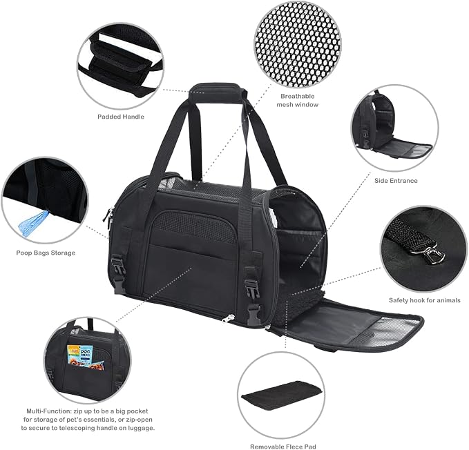 Jespet Airline Approved Soft-Sided Kennel Pet Carrier Travel Handbag | Lightweight, Foldable, Portable, Built-In Safety Leash, Luggage Sleeve, for Cats & Small Dogs, for Indoor & Outdoor - Image 5