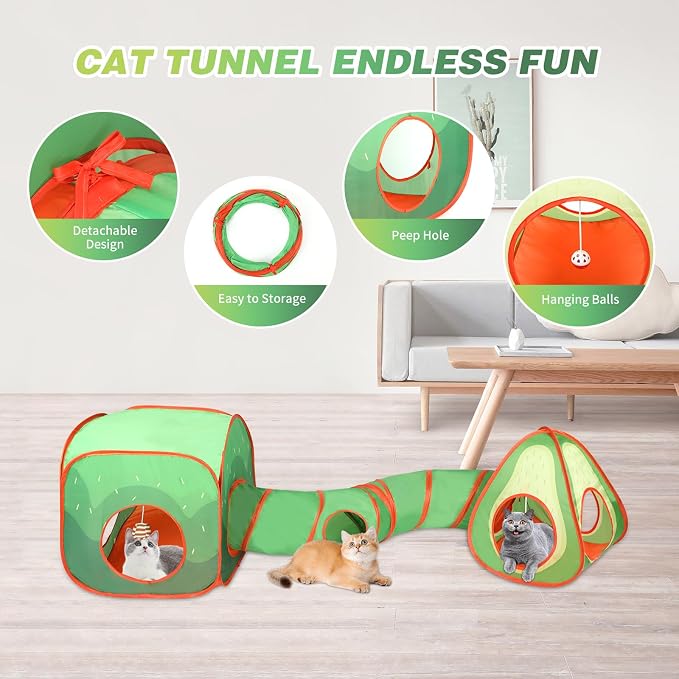 Rypet Cat Toy Tunnel and Cubes Bundle, Play Tubes for Indoor Cats, Green | 3-in-1 Tunnel Cubes Tent, Crinkle Tube for Play, DIY Shapes, Ball and Bell for Play, Tear-Resistant Polyester, Folds Flat - Image 2