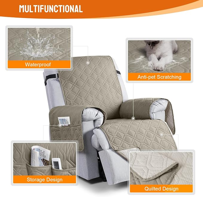 VANSOFY 100% Waterproof Recliner Chair Covers Washable, Khaki, 20" | Non-Slip, Slipcover with Pocket, Furniture Protector, Elastic Straps, Chair Cover for Pets, Dogs - Image 4