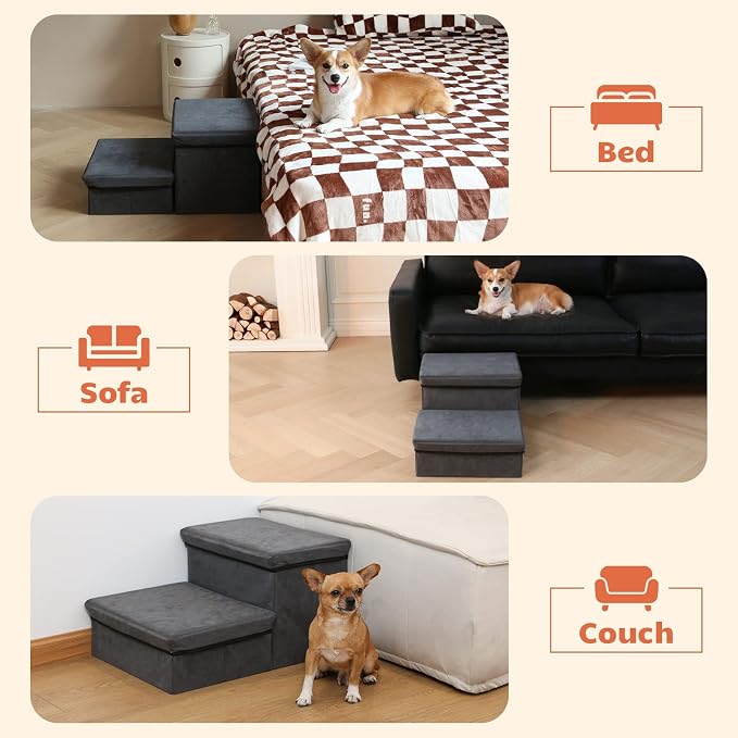 Foldable Dog Stairs with Storage | 2-Step Non-Slip Pet Steps for High Beds and Couch, Hidden Storage Dog Ladder for Small & Medium Dogs, Cats, Grey - Image 5