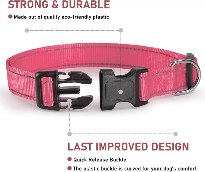 Reflective Dog Collar, Puppy Collar with Buckle Adjustable, Light Pink XL | Breathable Nylon Collars for Small Medium Large Dogs, No Chafing on Walks and Outdoor Hikes, Metal D-Ring, Night Safety - Image 2