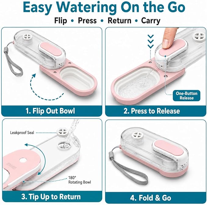 Dog Water Bottle Portable, 11.8 oz(350 ml) | Leak-Proof, BPA-Free, Lightweight, Foldable for Hiking, Walking, Car Rides, Pink - Image 4