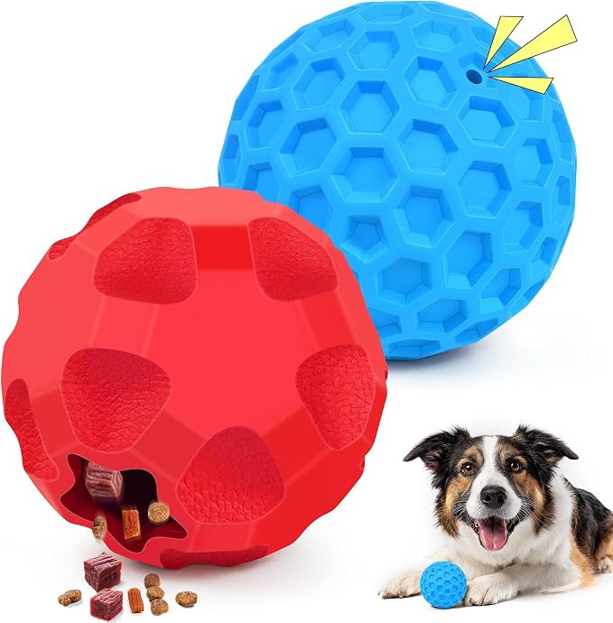 2 Pack Dog Toy Balls for Aggressive Chewers, Treat Ball and Squeaky Ball | Interactive Squeaky Dog Balls and Treat Dispensing Ball to Keep Them Busy, Chew Toys for Large Dogs, Enrichment Toy by TROUSKAIG