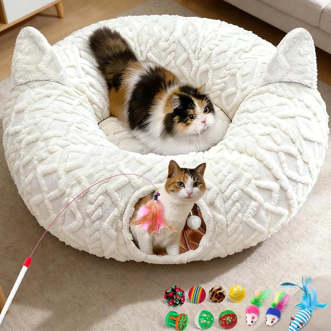 OurWarm Cat Tunnel Bed for Indoor Cats, Soft Plush Cat Donut Tunnel with 11 Pcs Interactive Toys & Washable Mat, Round Peekaboo Pet Cave Play Tunnel Under Christmas Tree for Kitten Rabbit by OurWarm