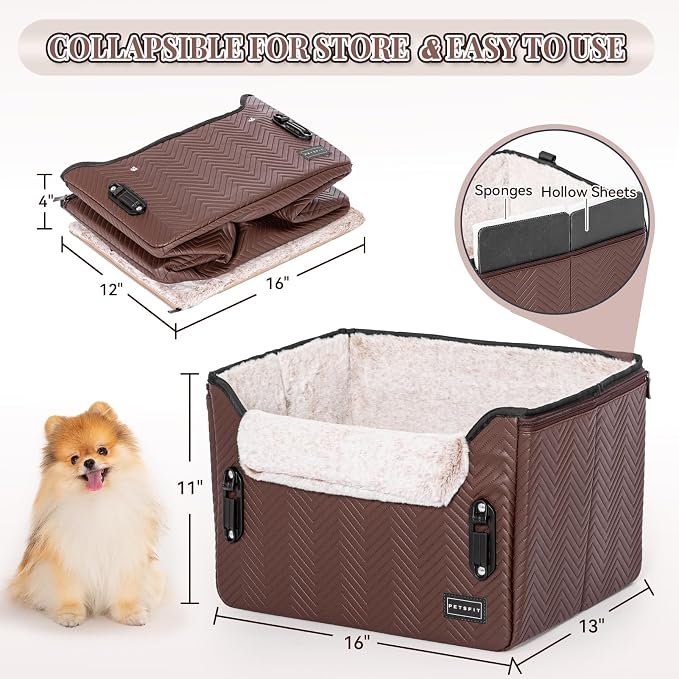 PETSFIT Car Seat for Dogs, Waterproof PU Leather Dog Car Seat for Small Dogs with Patent Safe Buckles, Clip-On Leash, Pet Travel Carrier Bed for Small Pets Up to 25lbs (Brown) - Image 8
