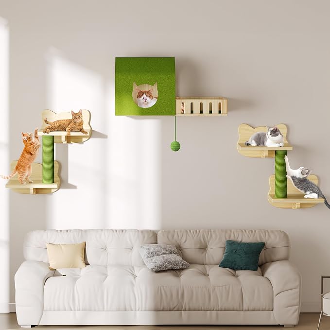 YITAHOME Cat Wall Shelves | Solid Wood Wall Mounted Cat Furniture with Green Wall House and Fence, Steps, Scratching Posts by YITAHOME