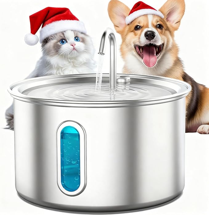 Stainless Steel Cat Water Fountain, 3.2L/108oz Quiet Automatic Cat Water Dispenser, Indoor Pet Spout, Dog Drinking Bowl with 1x Filter & 1x Sponge for Cats/Dogs/Multiple Pets - Silver by Nasebila