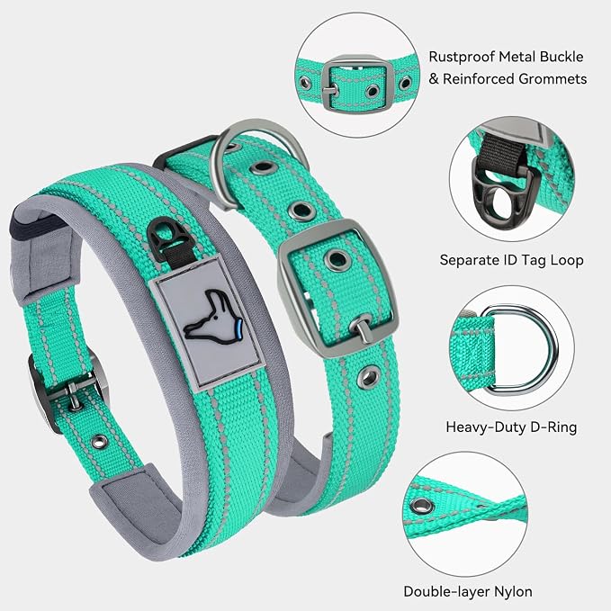 Joytale Reflective Dog Collar for Medium Dogs with Wide Padding, Teal | Soft Cushion Reduce Neck Strain, Night Safety Walking, Metal Buckle and Adjustable Eyelets, Separated Dog ID Tag Ring - Image 3
