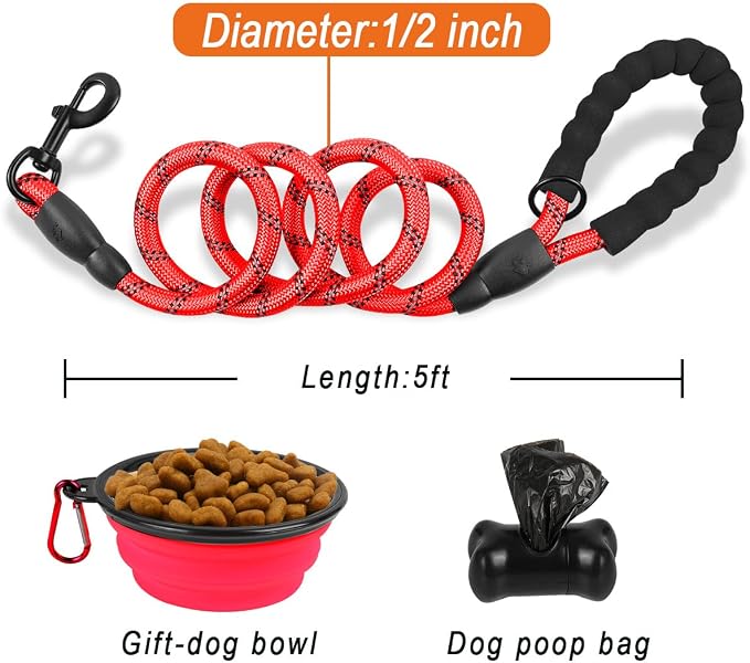 BARKBAY Dog Leashes for Large Dogs Heavy Duty Dog Leash 4/5/6 FT with Comfortable Padded Handle and Highly Reflective Threads for Medium Large Dogs Walking Training Running (5FT-1/2'',Red - Image 6