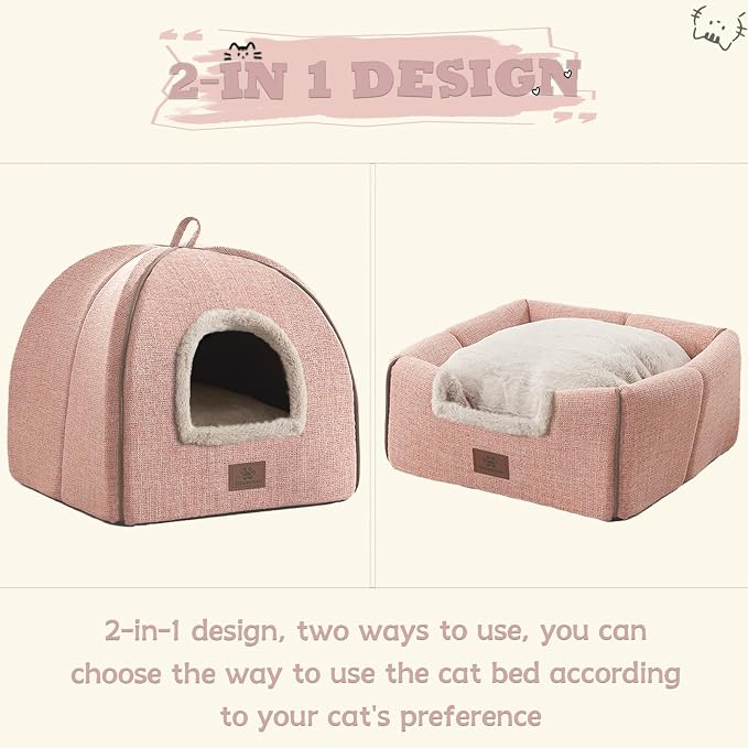 Cat Bed for Indoor Cats - Cat House Cats Tent with Removable Washable Cushioned Pillow, Soft and Self Kitten beds,for Small and Medium Pet Bed, Pink - Image 3