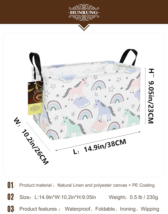 Rectangle Canvas Foldable Storage Basket for Nursery, Star Unicorn | Portable and collapsible cloth receptacle. Stores pet essentials, daily use items - Image 2