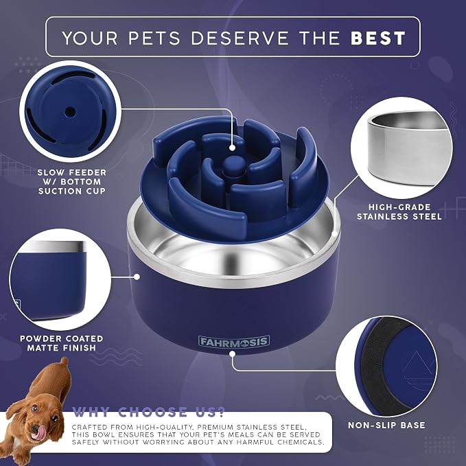 FAHRMOSIS 32 Oz Dog Bowl with Slow Feeder Insert Stainless Steel Pet Water Bowl for Medium & Large Breed Non Slip Rubber Base & Plastic Puzzle Feeder - Navy Blue - Image 2