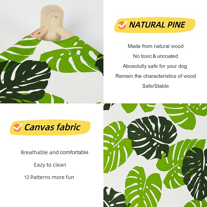 Patas Lague Cat Hammock Bed Small Eleveted Dog Bed 19x19 in Monstera Leaf | Brethable Wooden Pet Bed, Cooling Rabbit Cot, Outdoor Cat Furniture For Summer - Image 3