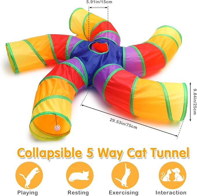 Poen 21 Pcs Cat Tunnel for Indoor Set Collapsible 5 Way Tubes with 20 Pcs Cat Kitten Toys Interactive Feather Toy Mouse Crinkle Balls Tube for Puppy Kitten Rabbit(Colorful) - Image 3