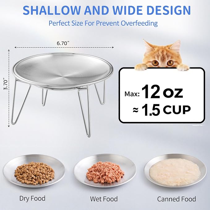 WROSWT Elevated Cat Bowls, Separable Dishes for Solo Use, 304 Stainless Steel Raised Cats Plates for Wet Food, Extra Wide Shallow Design for Whisker Relief, Non-Slip Silicone Base Kitten Feeder, 2 Set - Image 4