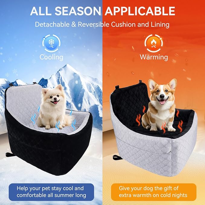 Dog Car Seat Under 30 lbs,Double-Cooling/Warm,Washable,Safety Leash | Detachable Elevated Pet Bed with Pockets,Anti-Slip Base for Front & Back Seatset,Car Seat Travel Bed with Storage Pockets - Image 4