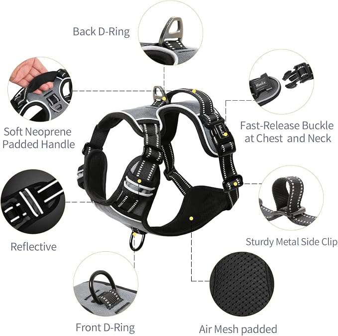 HEELE Dog Harness, No Pull Adjustable Padded Reflective Harness for Small Medium Large Dogs with Handle for Walking Training, Grey, L | No Choke with Control Handle, Soft Breathable Padded Pet Vest, Adjustable, Reflective Front Clip Vest for Night Walking - Image 3