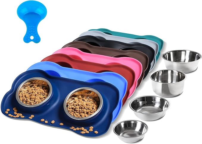 Hubulk Pet Dog Bowls 2 Stainless Steel Dog Bowl with No Spill Non-Skid Silicone Mat + Pet Food Scoop Water and Food Feeder Bowls for Feeding Small Medium Large Dogs Cats Puppies (X-Large, Navy Blue) by Hubulk