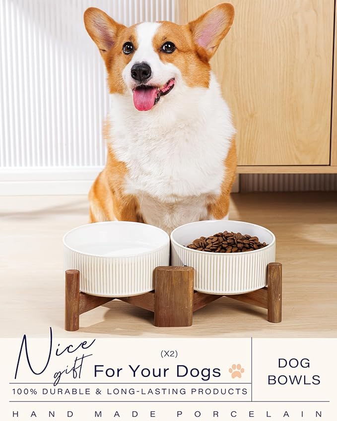 Getstar Ceramic Dog Bowls Set with Acacia Wood Stand, 3.5 Cups Pet Bowls Set of 2 for Medium Dogs, Cute Dog Raised Food Bowl, Cat Bowls - Image 3