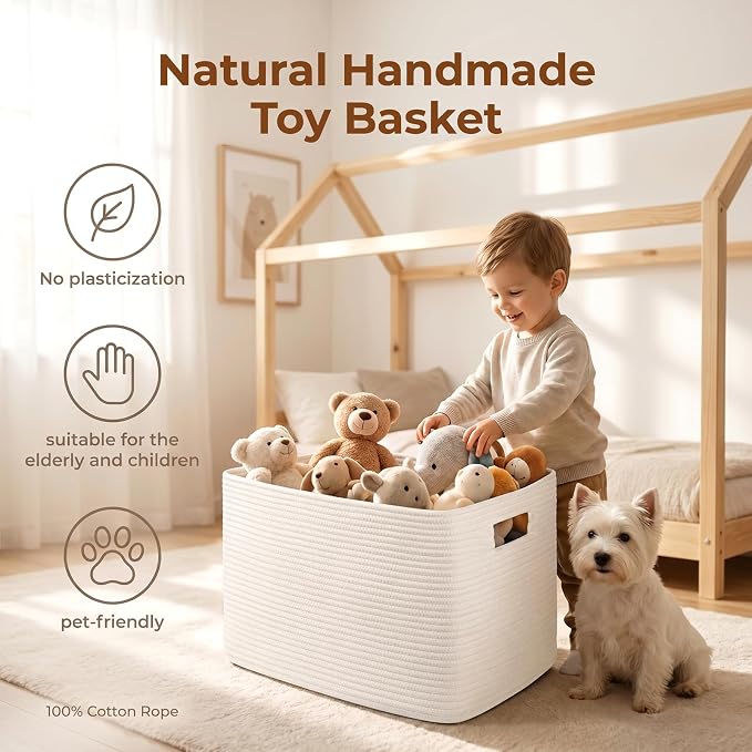 OIAHOMY 75L Large Blanket Basket, Woven Cotton Rope Baskets for Organizing, 22”x17”x12”, Blanket Basket living Room, Bedroom, Nursery, Dog Toy Storage Bins, White - Image 5