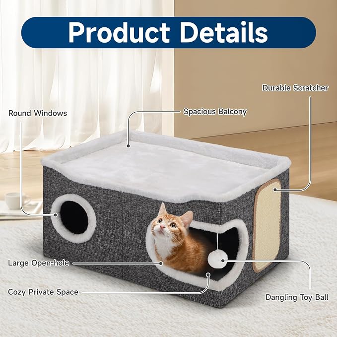 Shikha Extra Large Cat House Bed for Multi Cats with Scratch Pad Grey | 24 x 17.7 x 12.6 IN Widen Cat Cave Cube for Multi Pets, Foldable, Arc-Edge Design, Oval Door, All Seasons Reversible Cushion - Image 3