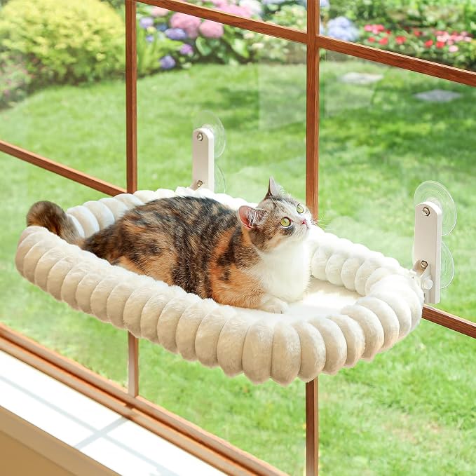 Zakkart SnugCloud Foldable Cat Window Perch - Cordless, Ultra Soft Machine Washable Bed with 4-Sided Bolster, Metal Frame - Window Hammock for Large Cats and Kittens (Cream White, Medium) by Zakkart