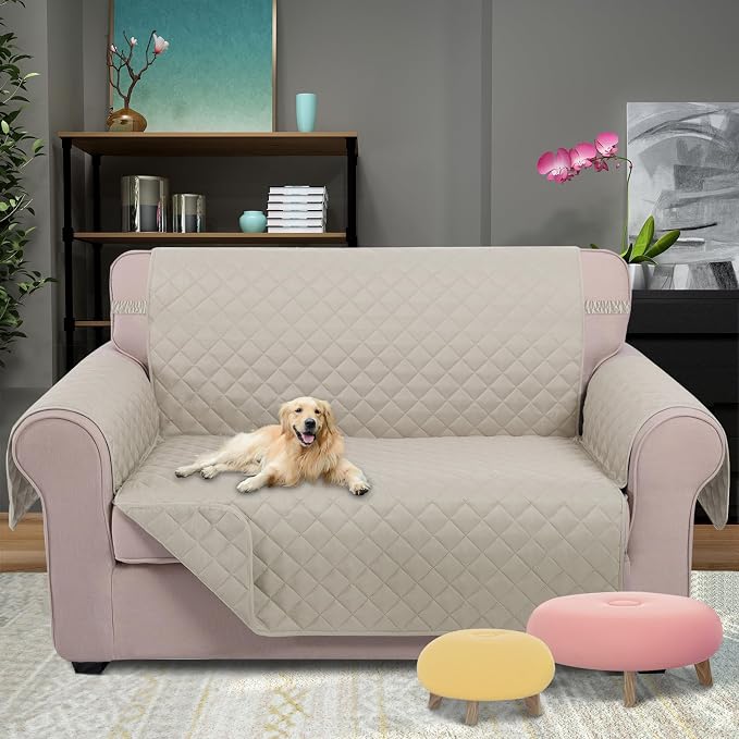 U-NICE HOME Loveseat Sofa Cover for 2 Cushion Couch, Beige/Beige | 54''Oversized Loveseat Cover Washable, Pet Friendly, Elastic Straps, Water Repellent, Furniture Protector for 2 Cushion - Image 2